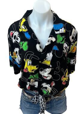 Hawaiian Mickey Mouse Tropical Shirt Button Down Crop Top One Size Oversized